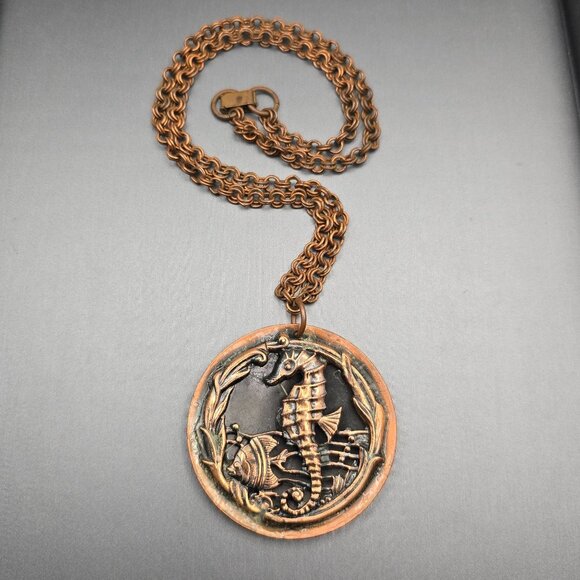 VTG Solid Copper Seahorse & Fish Pendant Necklace 20" Double Round Link Chain - Picture 10 of 10